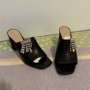 Stuart Weitzman Theone Black Leather Open Toe Block Heel Slides Sandals Size 8